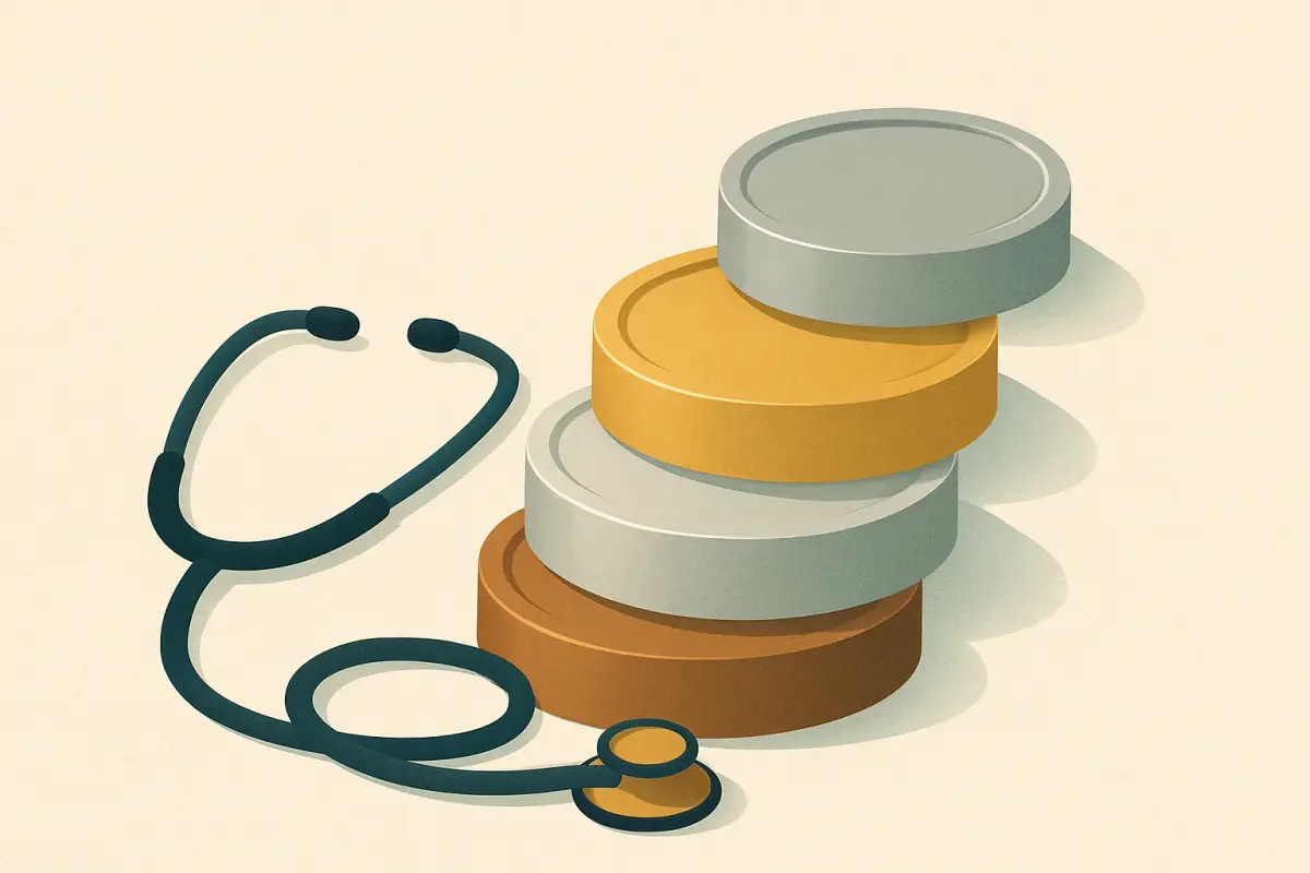 Four stacked cards labelled bronze, silver, gold and platinum next to a calculator and a medical bill