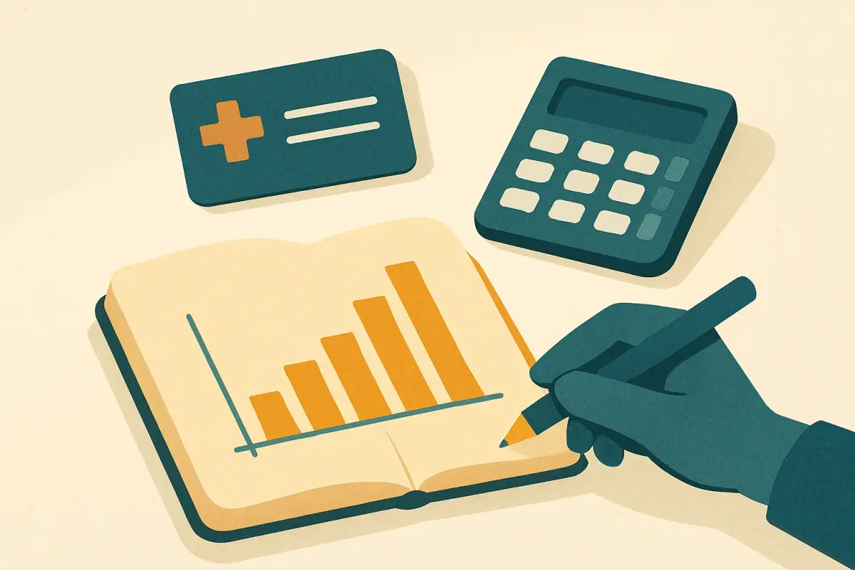 A person comparing a health plan bill with a tax form at a desk with a calculator