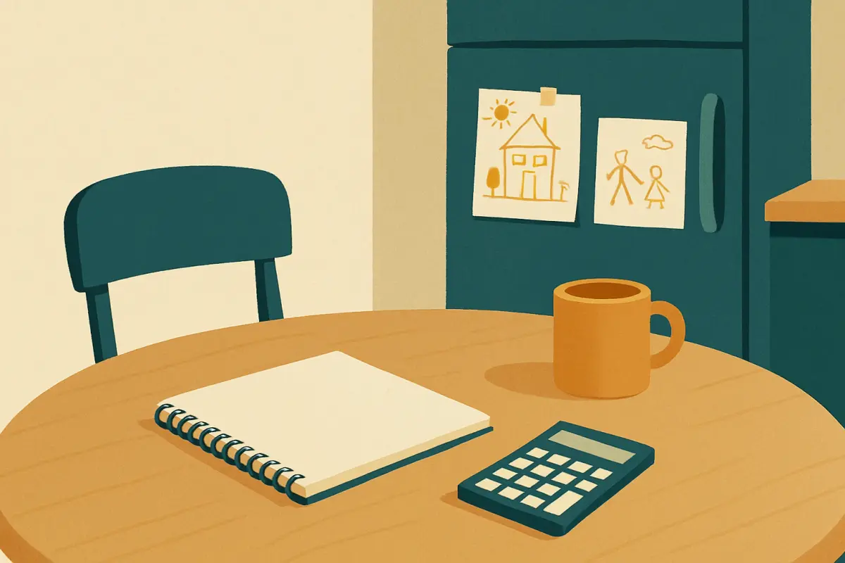A parent at a table with a notepad and calculator, adding up household bills and future costs