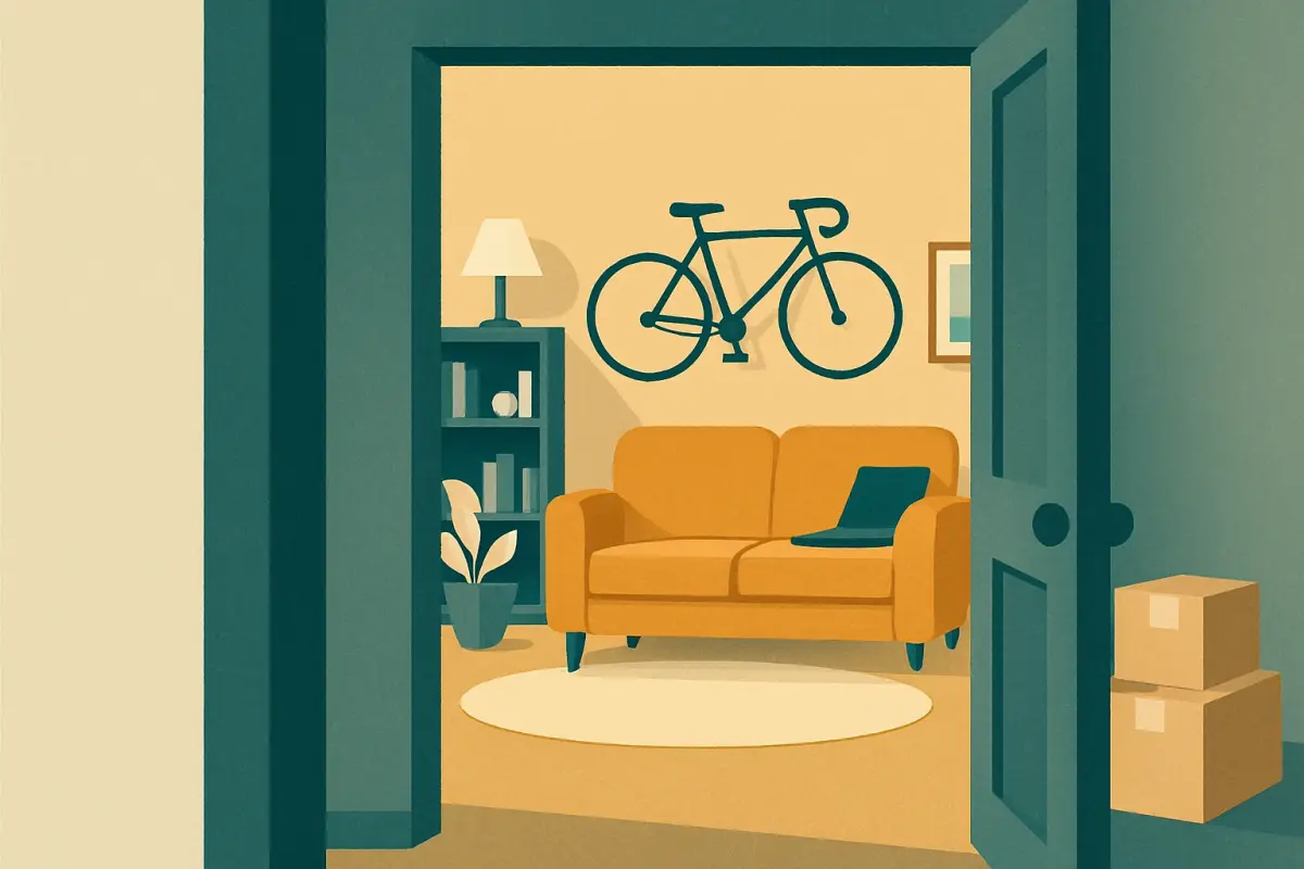 A renter in an apartment living room photographing a sofa, TV and bookshelf for a home inventory